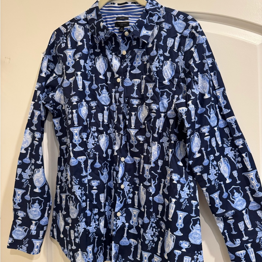 Navy Blue Print Summer Shirt Talbots 12P